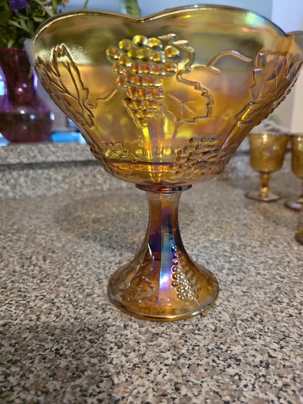 VTG Amber Indiana Glass Carnival Glass Grapes Compote Bowl + 6 Goblets Set